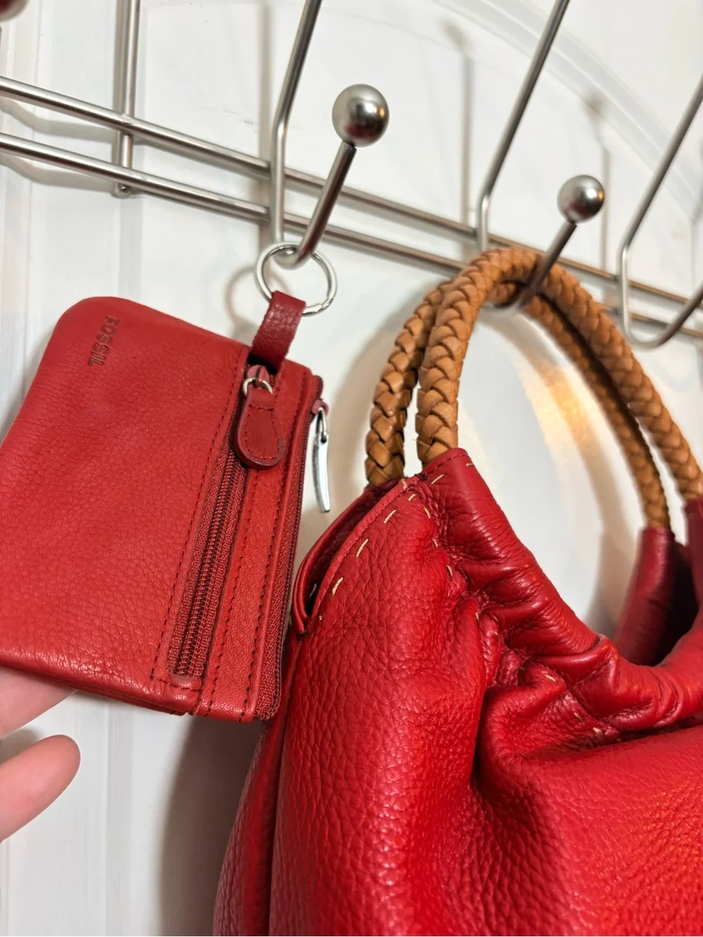 Fossil Red Pebbled Leather Mini Hobo Handbag ZB8590 + Matching Card Case Bundle